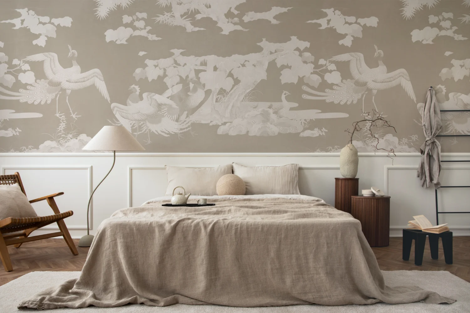 A Japanese minimalist style bedroom with large crane mural.
