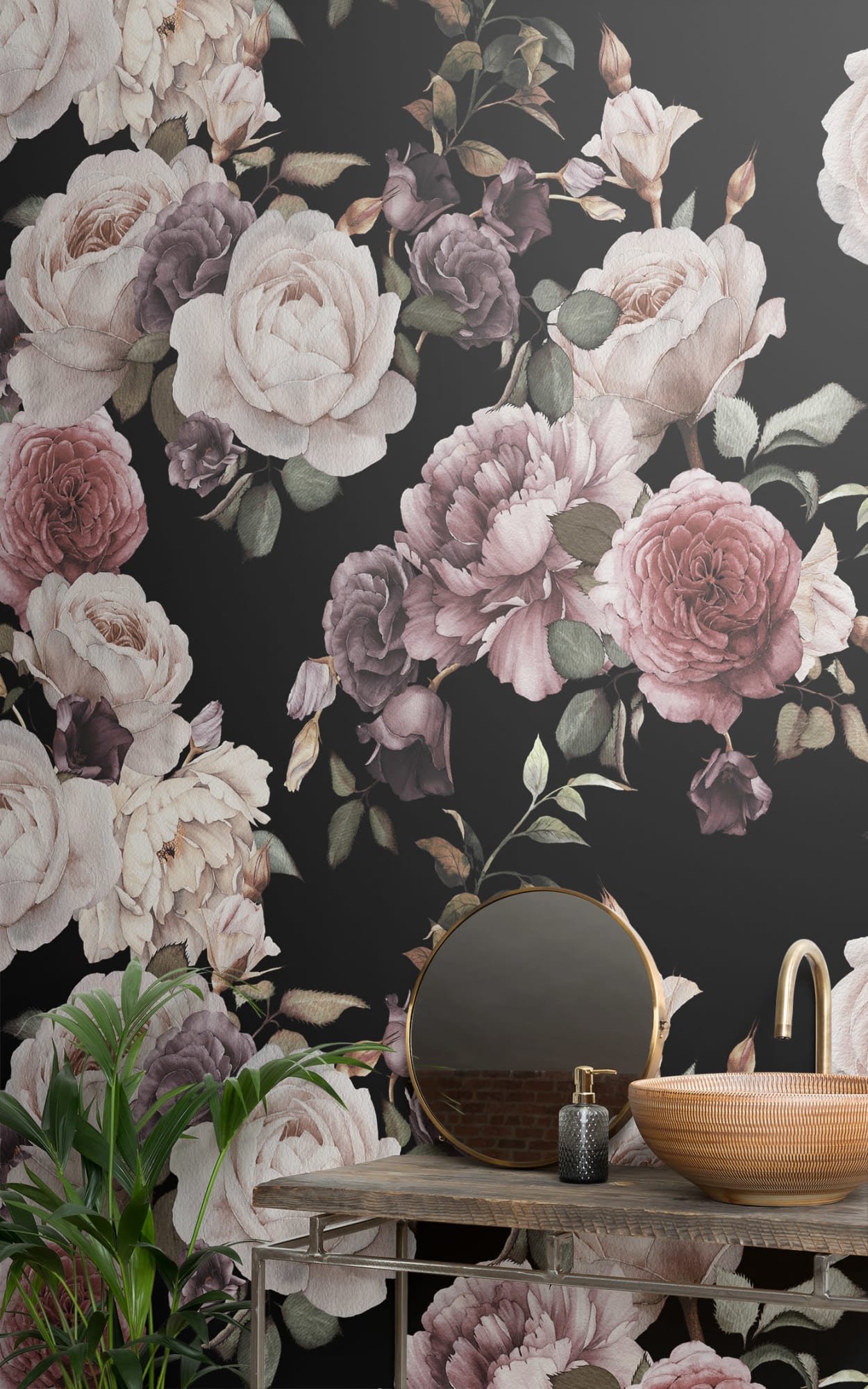 Elegant bathroom featuring dark floral wallpaper, wooden washstand, and round mirror