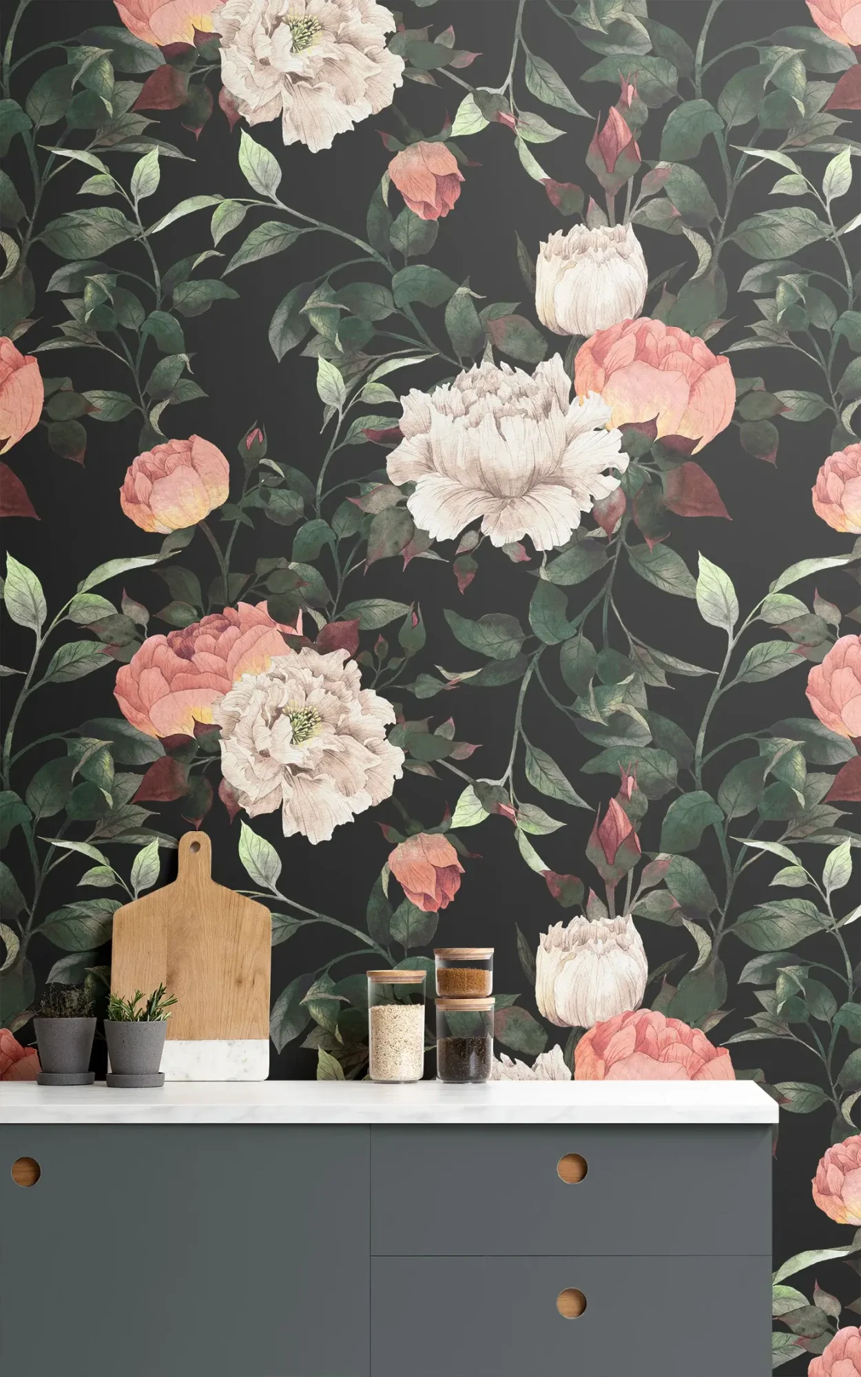 A modern kitchen setup with a dark floral wallpaper showcasing large blooms in shades of pink and beige.