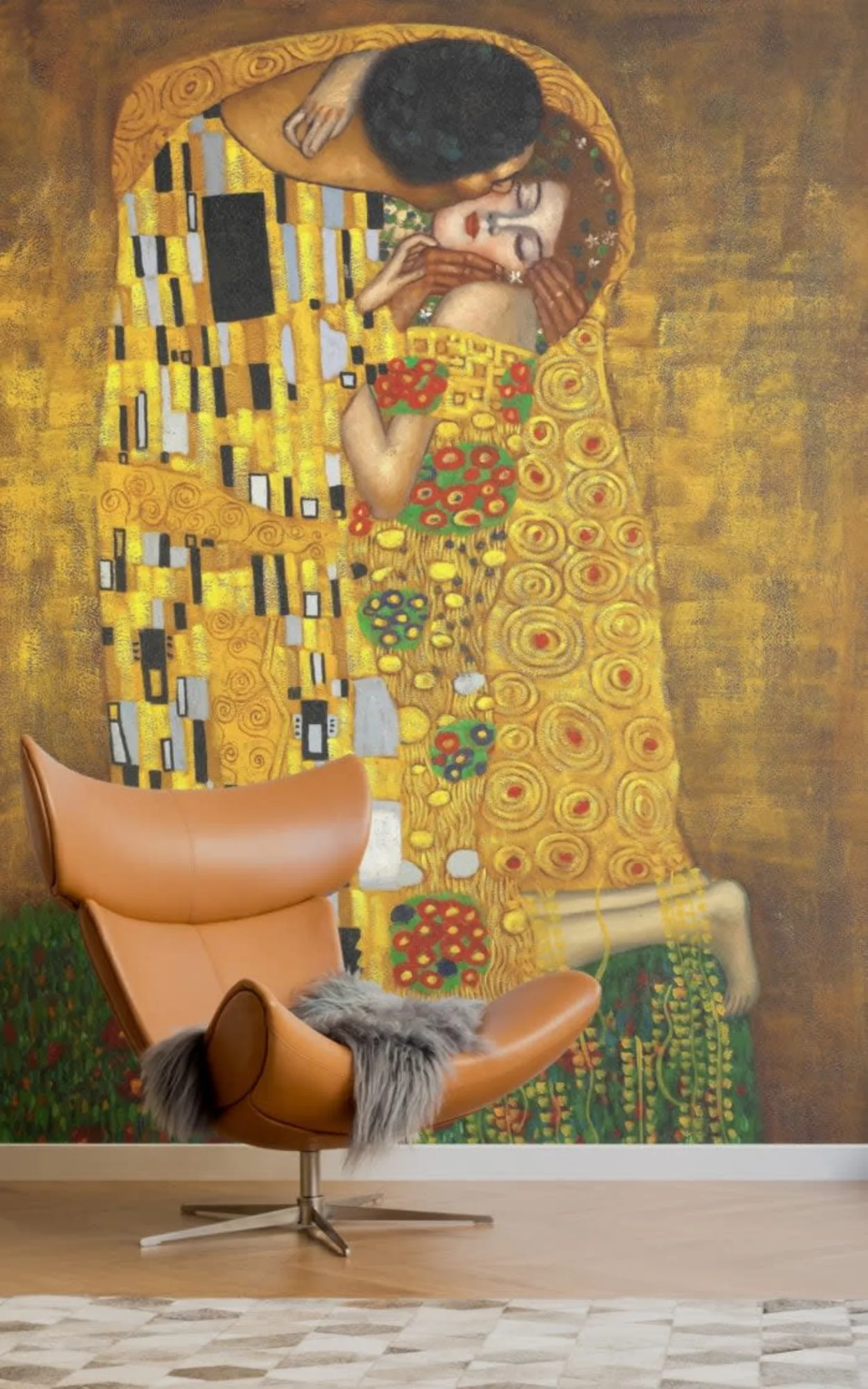  A sophisticated lounge area showcasing a luxurious leather recliner with a grey fur throw, positioned against a captivating wall mural inspired by Gustav Klimt's "The Kiss," featuring intricate golden patterns and a romantic embrace, adding a touch of artistic elegance to the room.