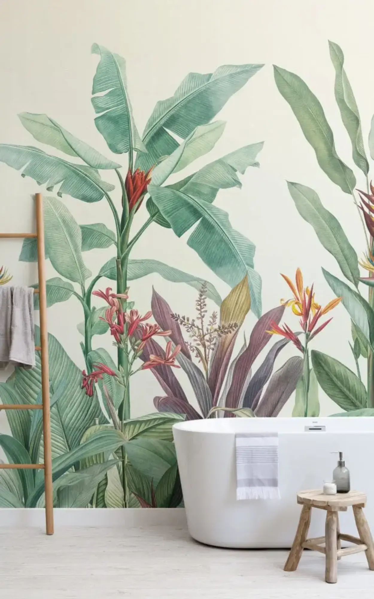  This serene bathroom showcases a lush botanical mural with vibrant tropical flowers and green leaves, paired elegantly with a modern white bathtub and minimalist wooden accessories, creating a tranquil, nature-inspired retreat.