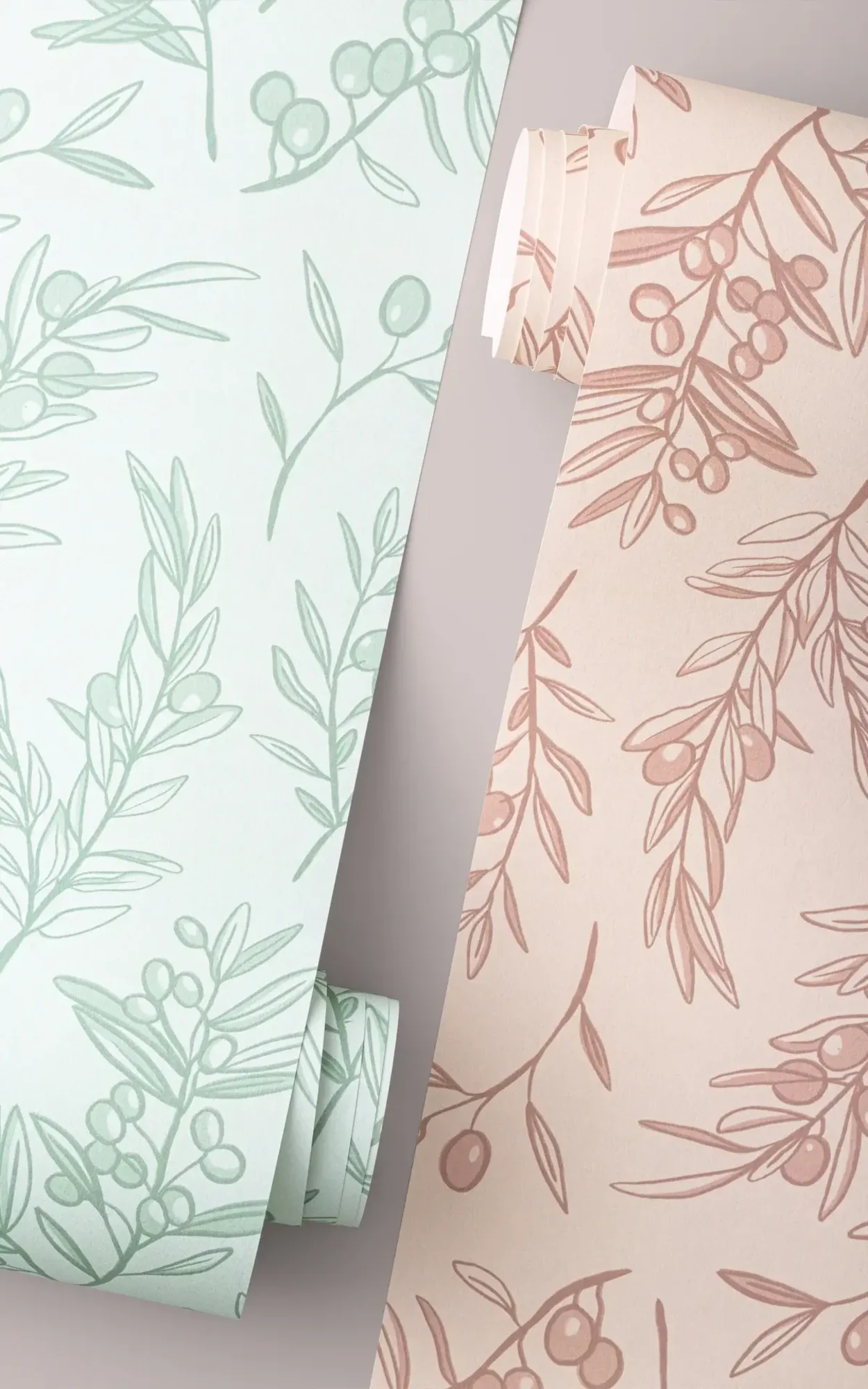 Two rolls of wallpaper displaying a simplistic botanical pattern, one in soft green and the other in blush pink, each featuring delicate olive branches and berries.