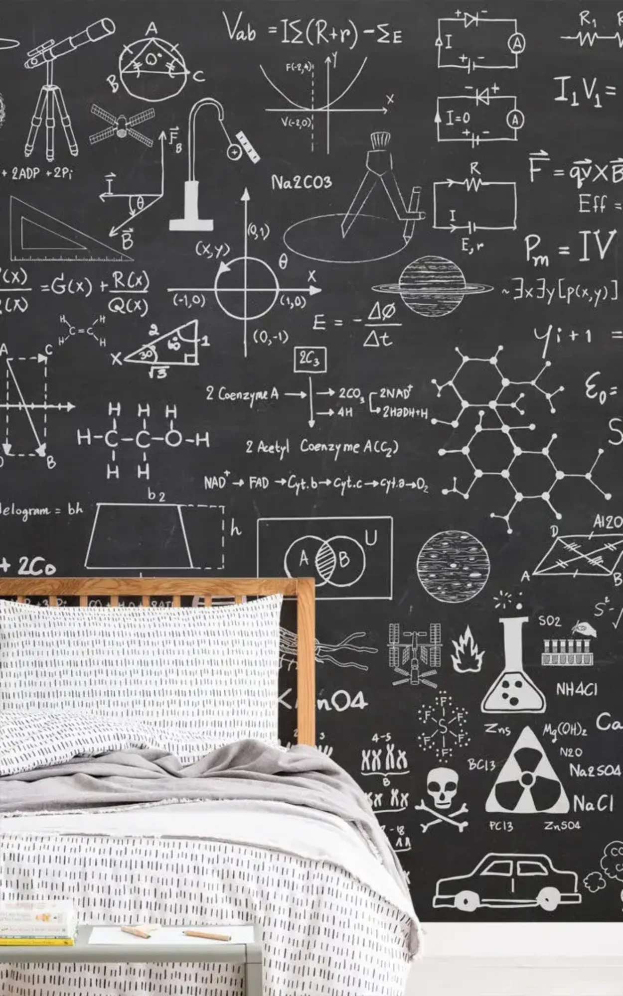 A bedroom with a chalkboard-style wallpaper filled with scientific and mathematical equations, illustrations, and symbols, paired with a bed that has a wooden frame and patterned bedding.