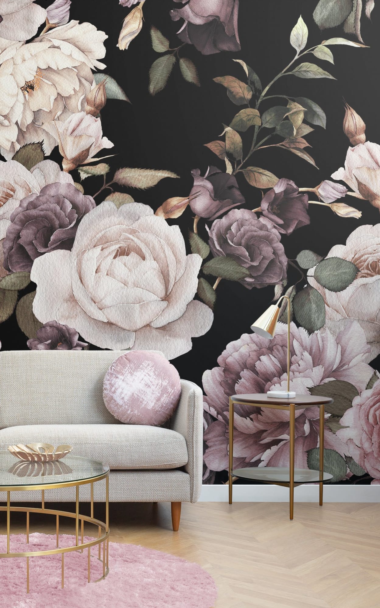  Elegant living room featuring a beige sofa with a pink cushion, a gold coffee table, and a large floral wallpaper with white and purple roses on a black background.