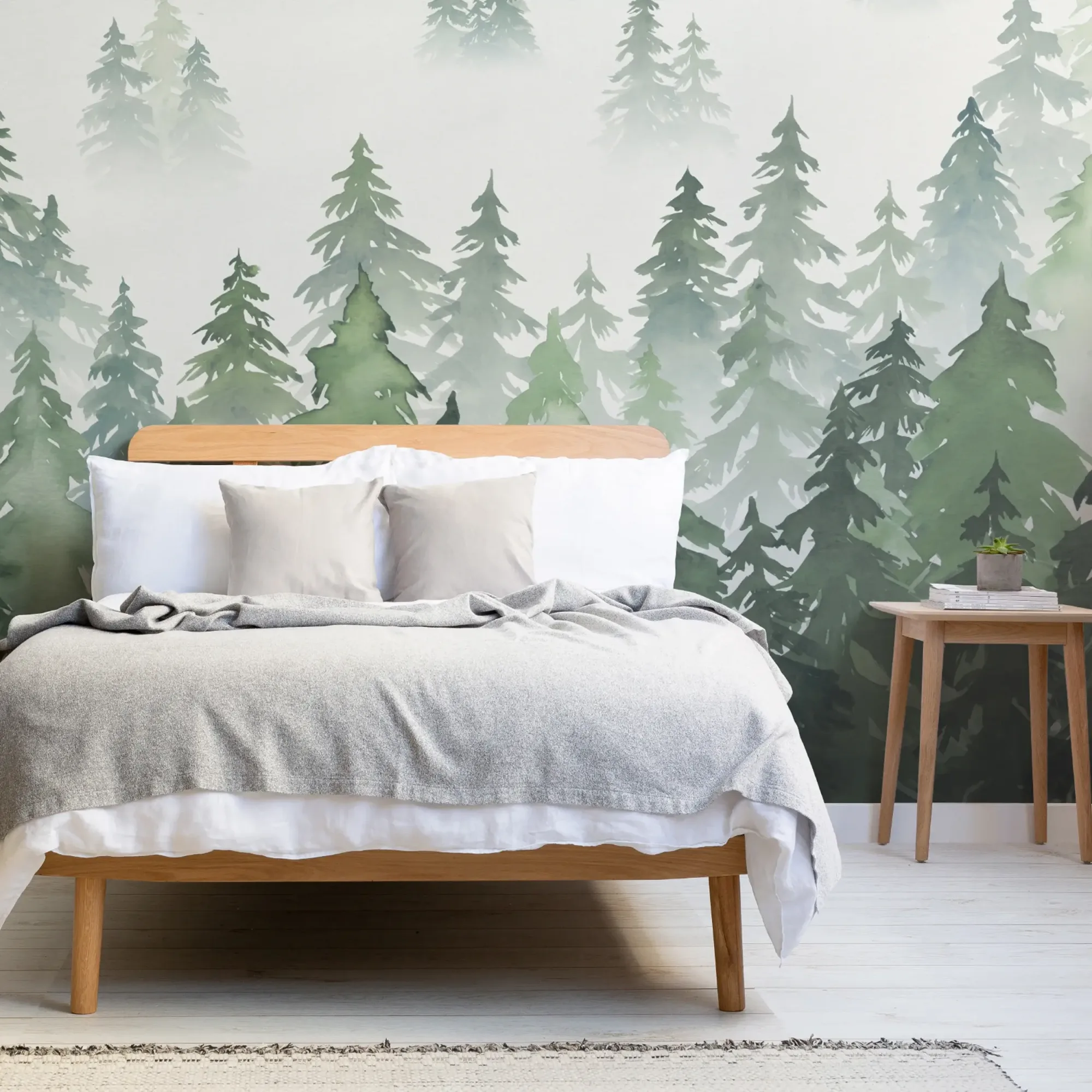  A cozy bedroom features a wooden bed with white and gray bedding, a wooden side table, and a mural of green watercolor forest trees on the wall behind.