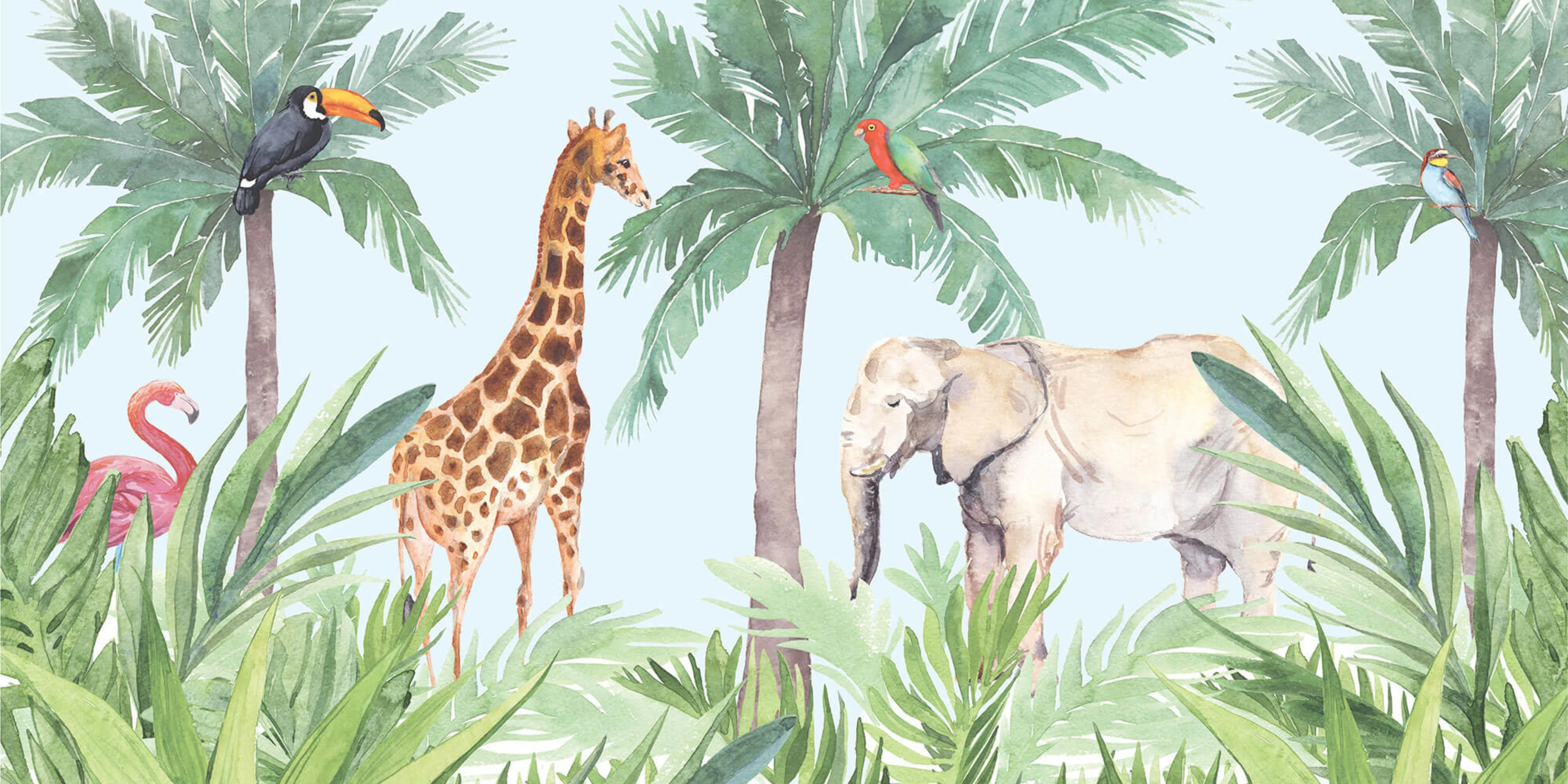  A watercolor illustration features jungle animals, including a toucan, giraffe, parrot, elephant, and flamingo, among palm trees and tropical plants.