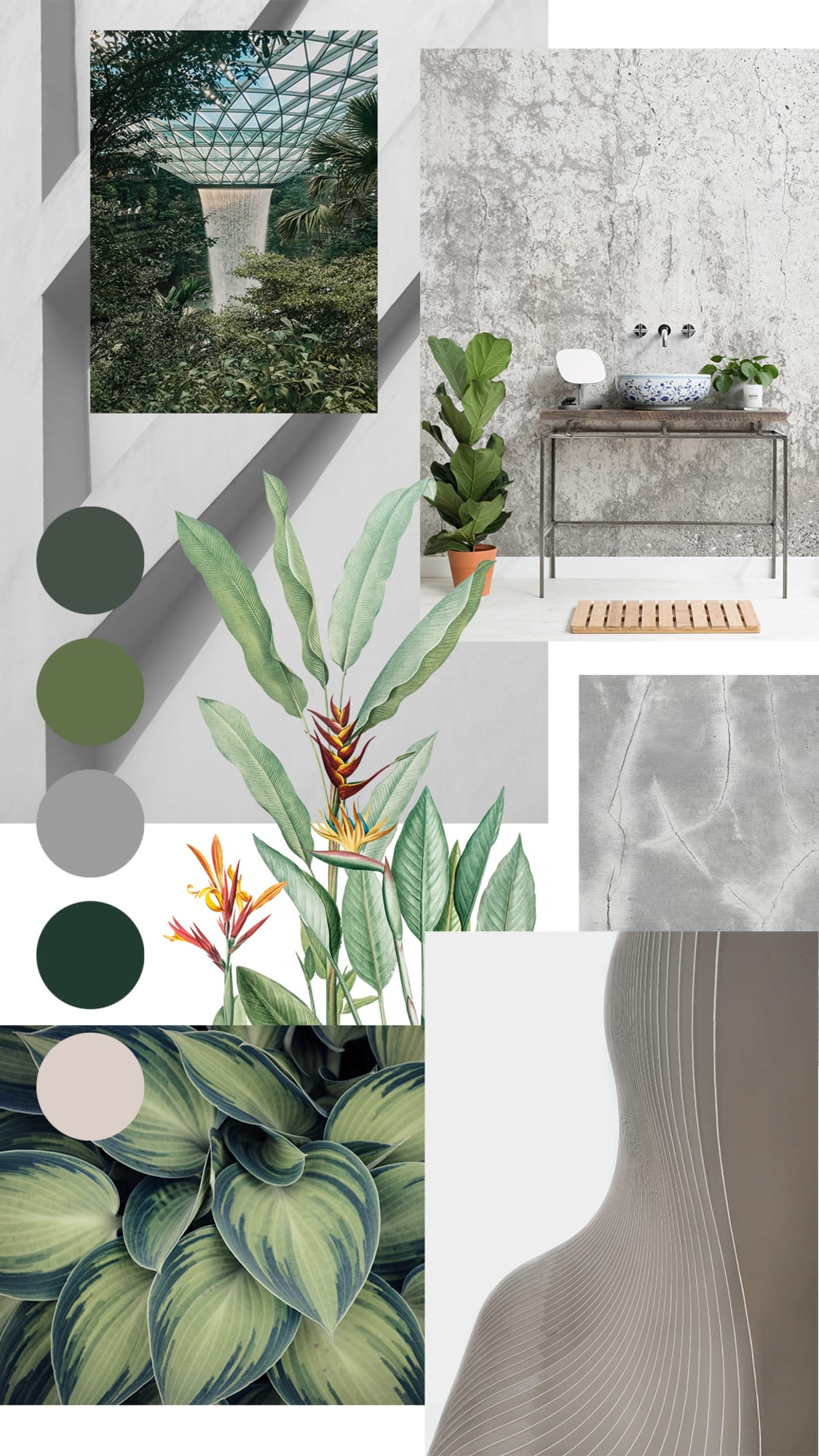 A tropical-inspired moodboard featuring green and gray color swatches, large leaf illustrations, and minimalist decor elements