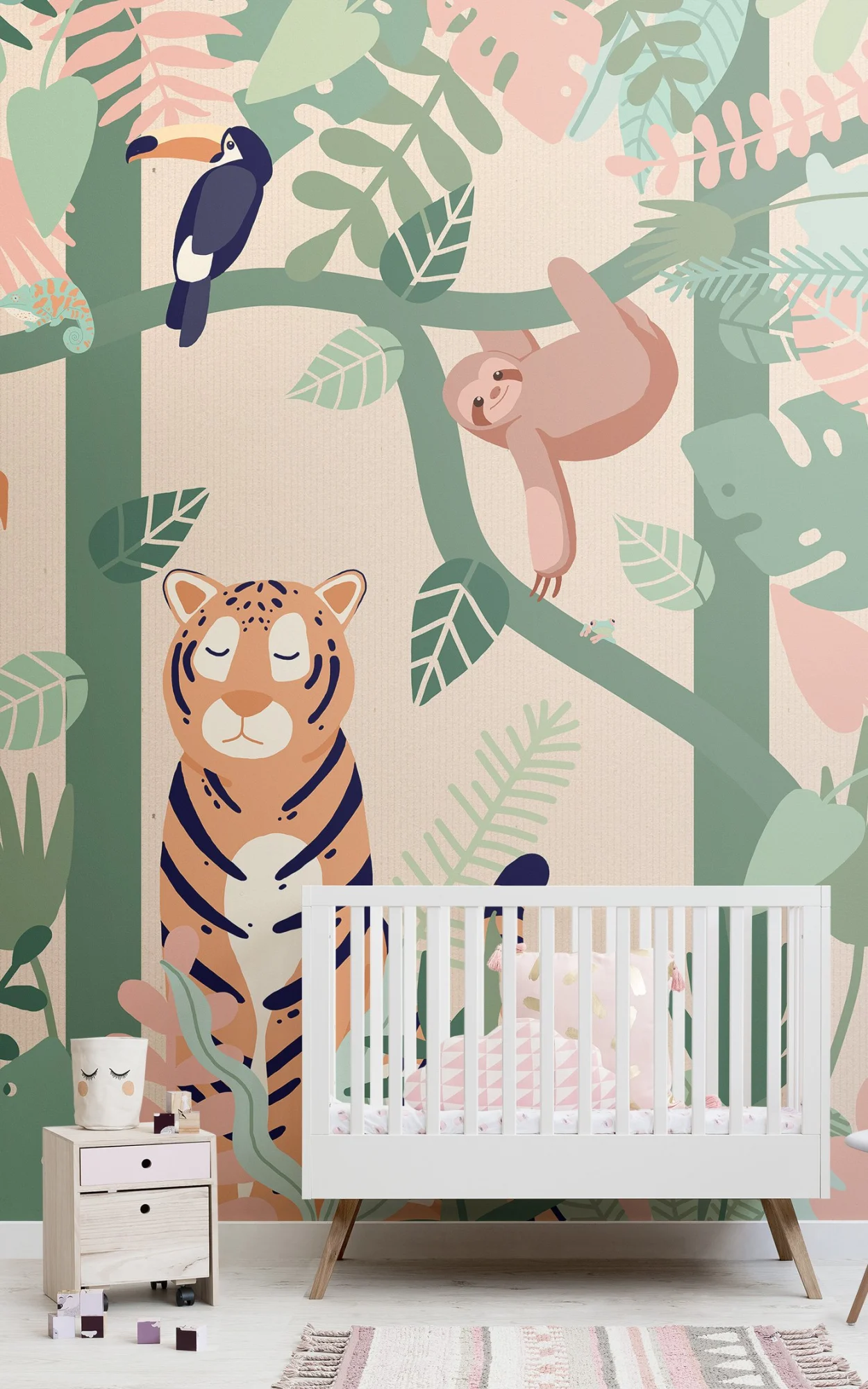 A colorful nursery with a jungle-themed mural featuring a tiger, sloth, and toucan among tropical plants.
