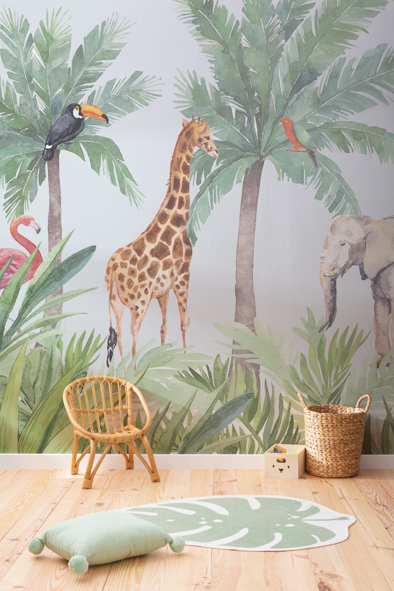 A tropical-themed nursery with a mural featuring animals like giraffes, elephants, and birds among palm trees.