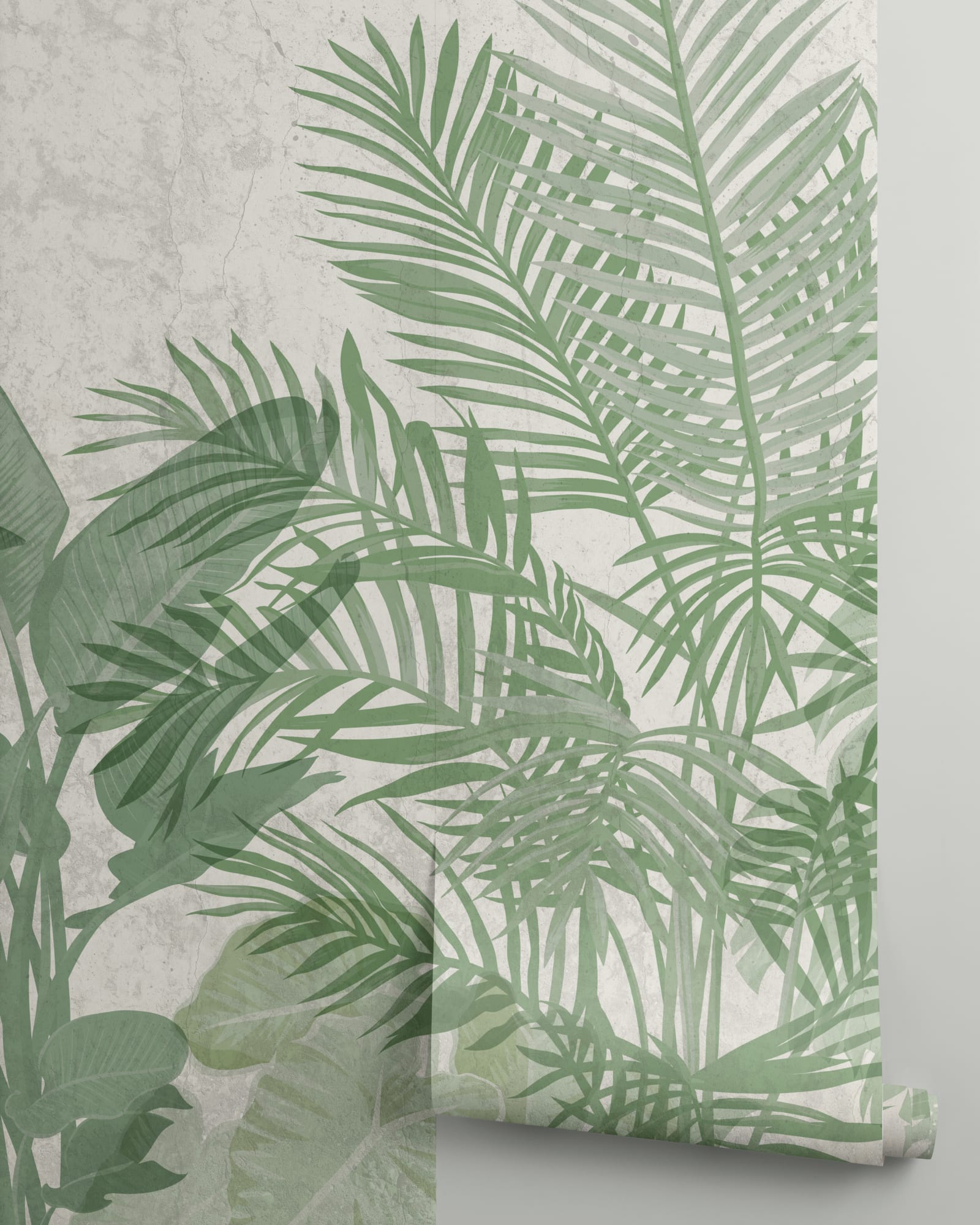 A tropical-inspired wall mural with large overlapping green palm leaves on a textured background.