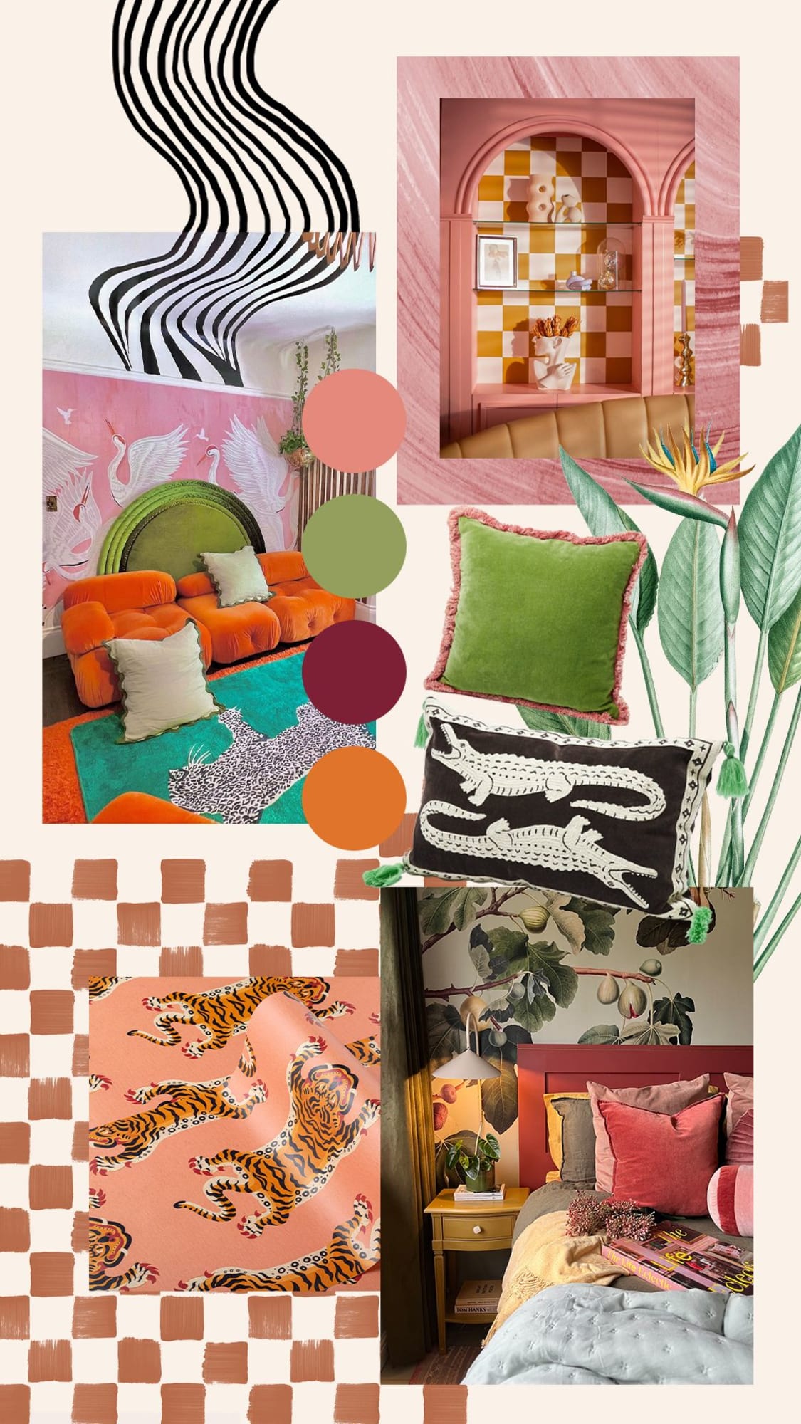 A mood board highlighting eclectic maximalist decor with bold colors, animal prints, and tropical-inspired elements.