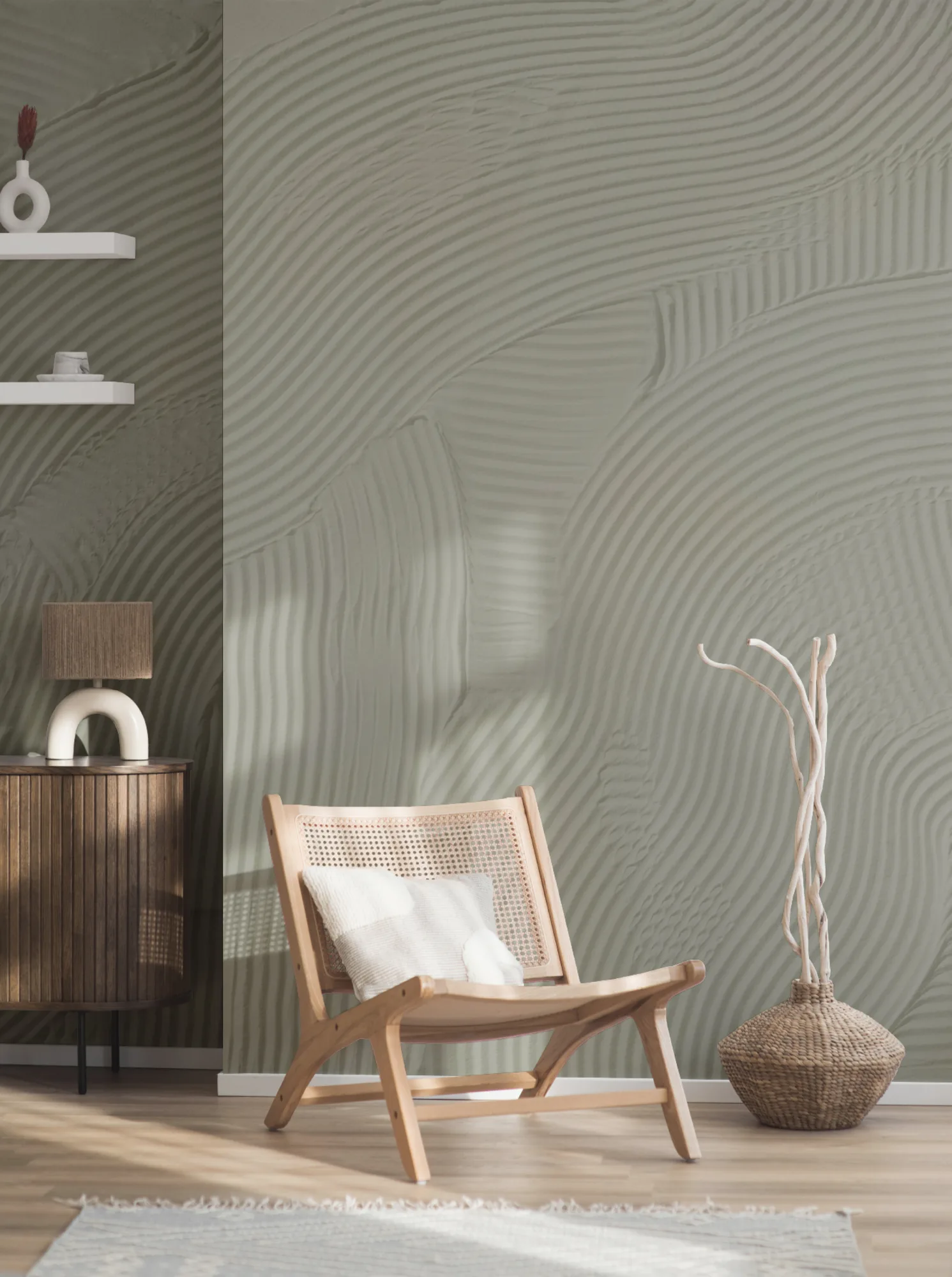 A corner space with a green textured Japandi style wall mural, rattan and wooden furniture, and soft light filtering in.