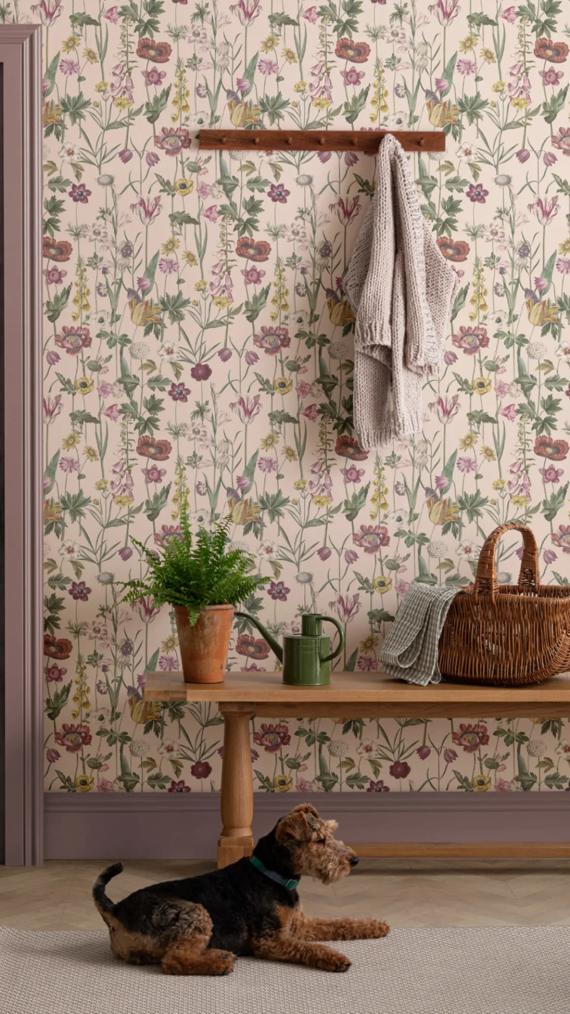A hallway with floral wallpaper, mauve door trim, a wooden bench, and a relaxed dog on a neutral rug.