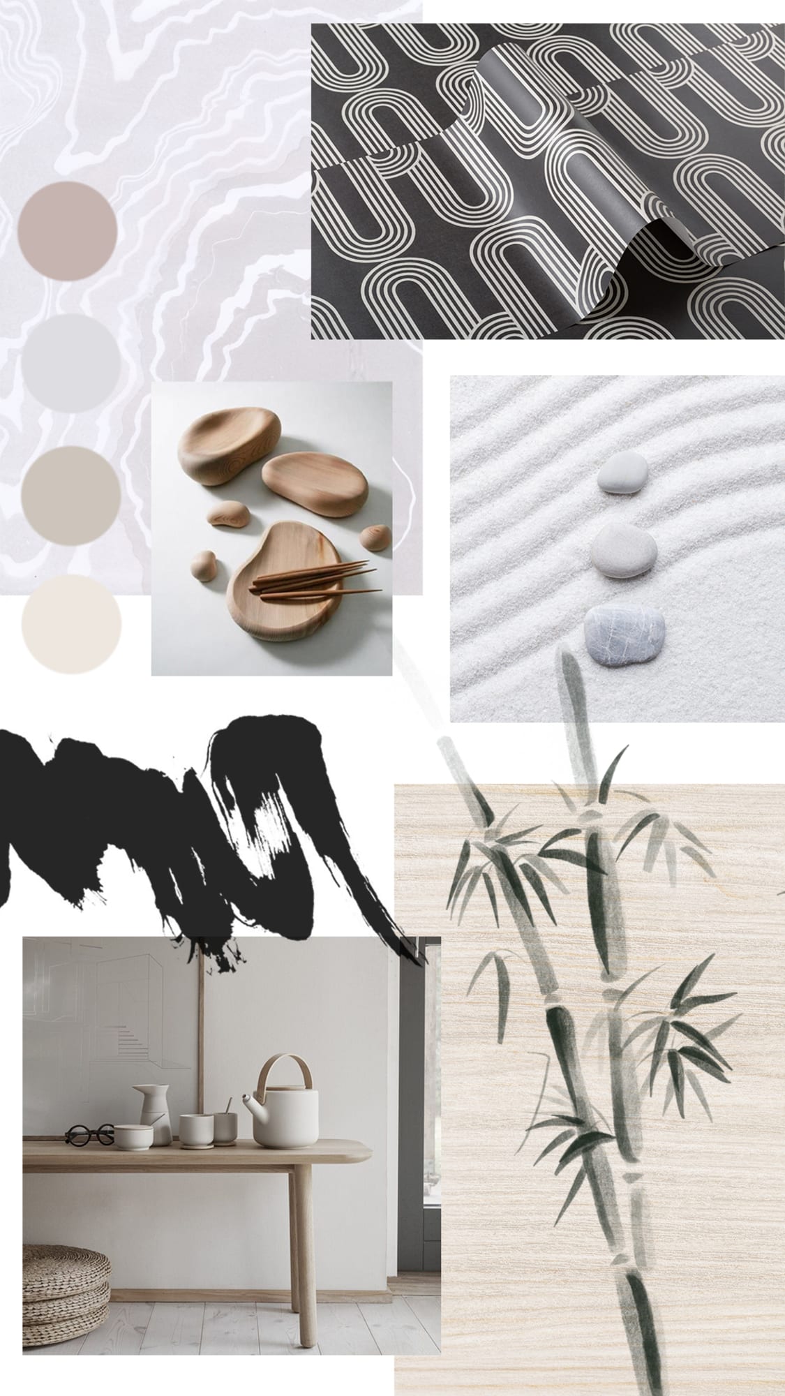 A digital collage of Japanese-inspired interior design elements, including marbled wallpaper, calligraphy, bamboo illustrations, and neutral-toned decor.