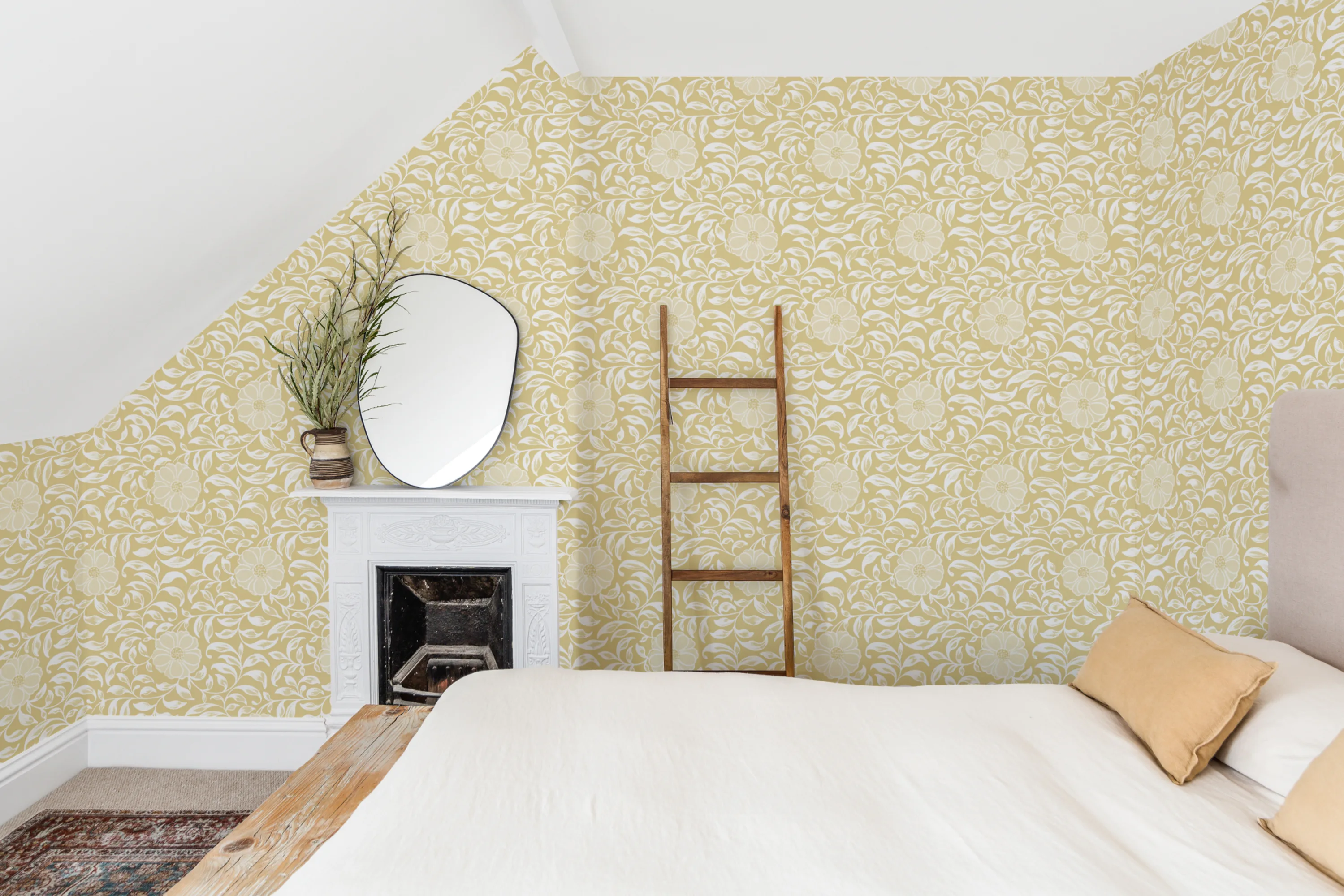 Bedroom with soft yellow floral wallpaper, white fireplace, and rustic wooden ladder beside the bed.