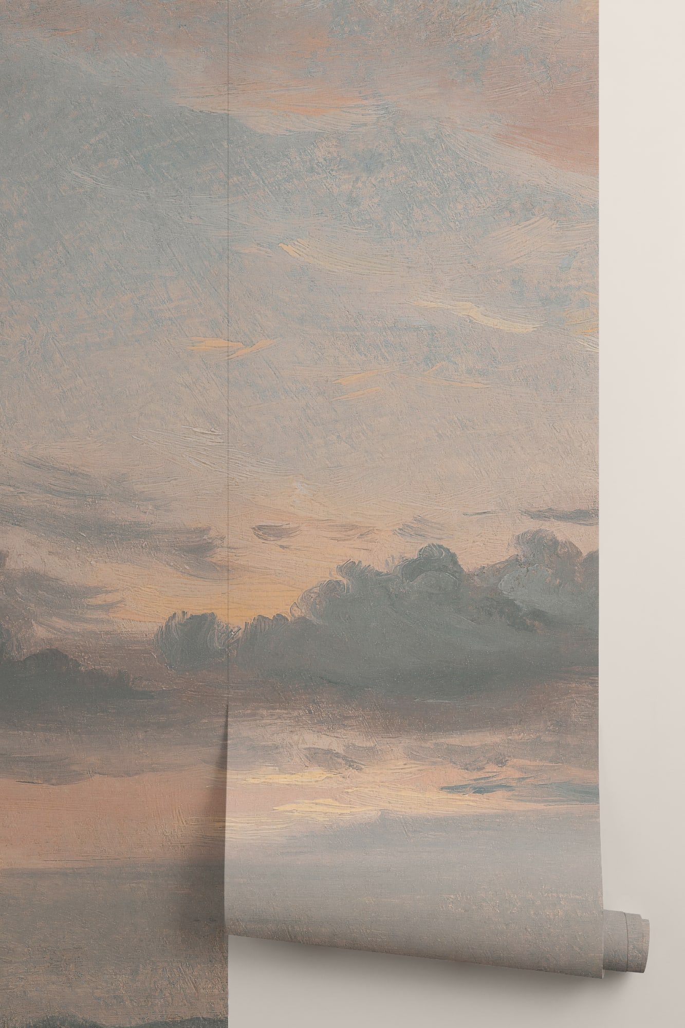 A close-up of a rolled wallpaper panel featuring a painted sunset sky with soft clouds and warm tones.