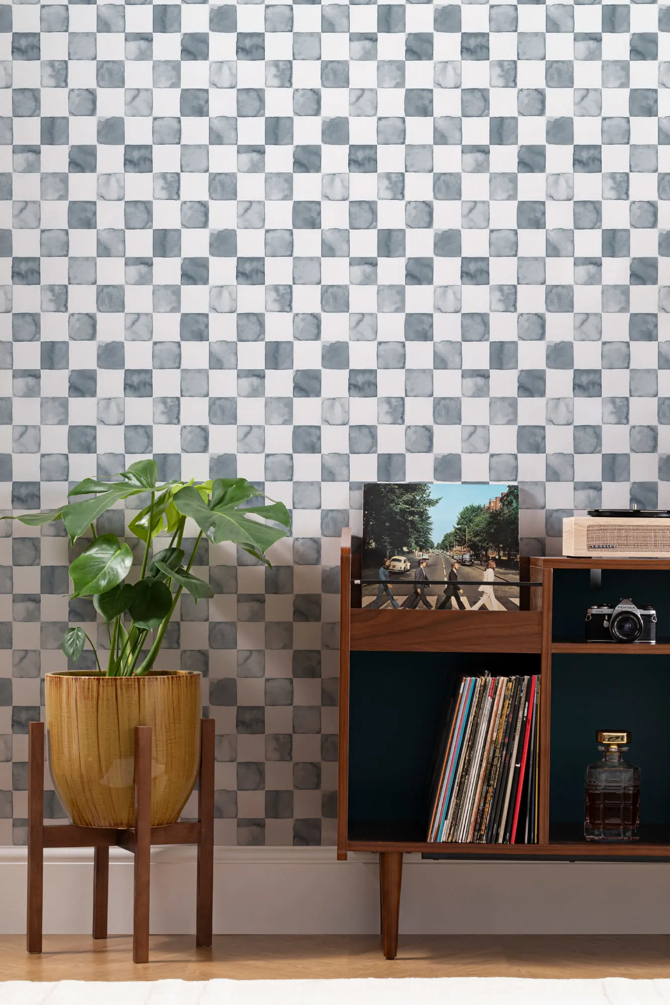A navy blue watercolor check wallpaper behind a mid-century style record cabinet and large plant.