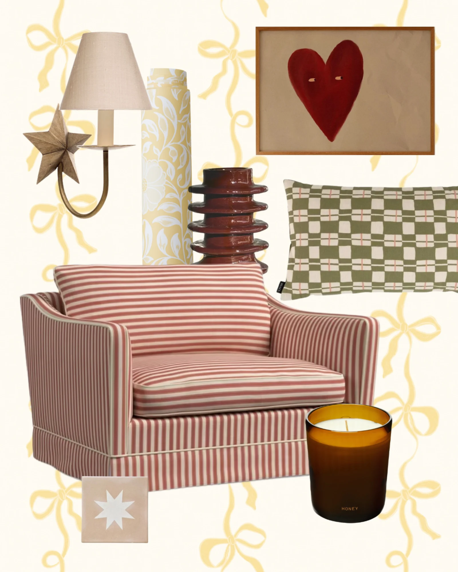 Moodboard featuring a red striped chair, green and cream check cushion, heart art print, and yellow ribbon wallpaper.
