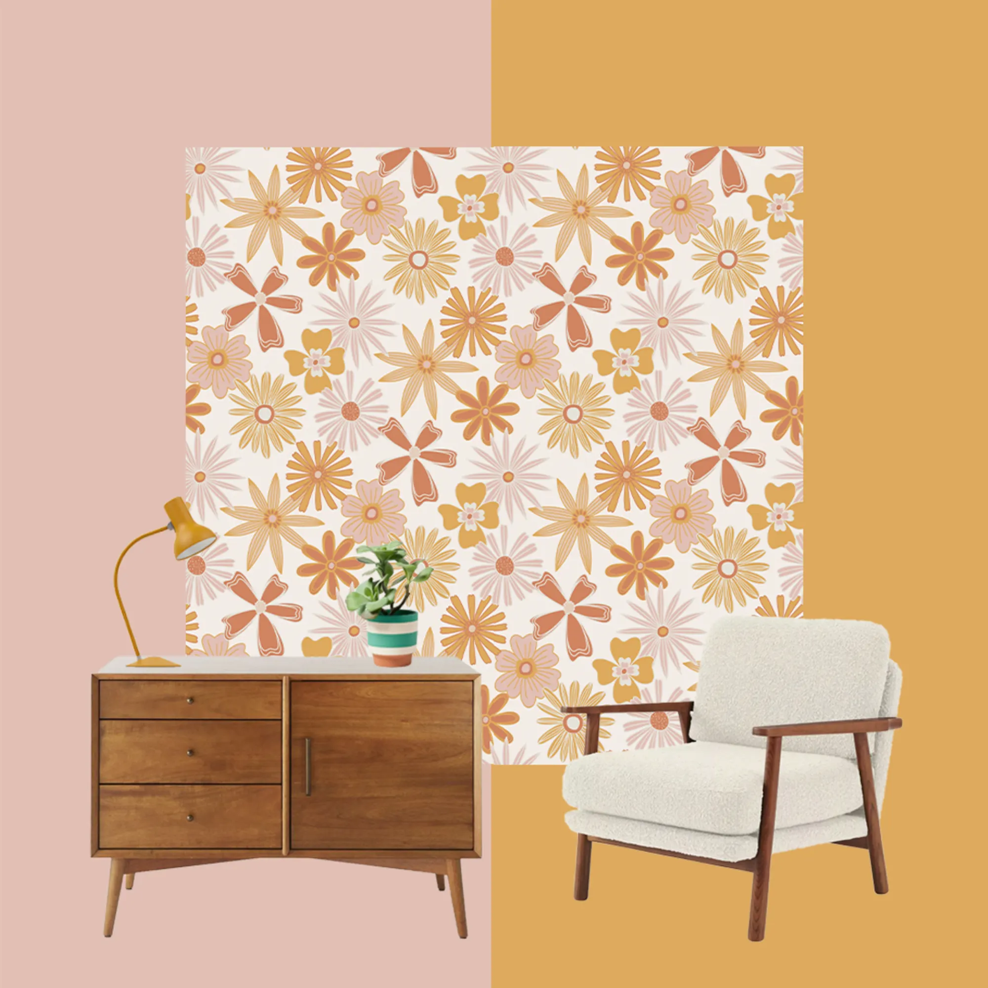 Living room moodboard with a bright orange and yellow retro floral mural behind midcentury-style furniture.