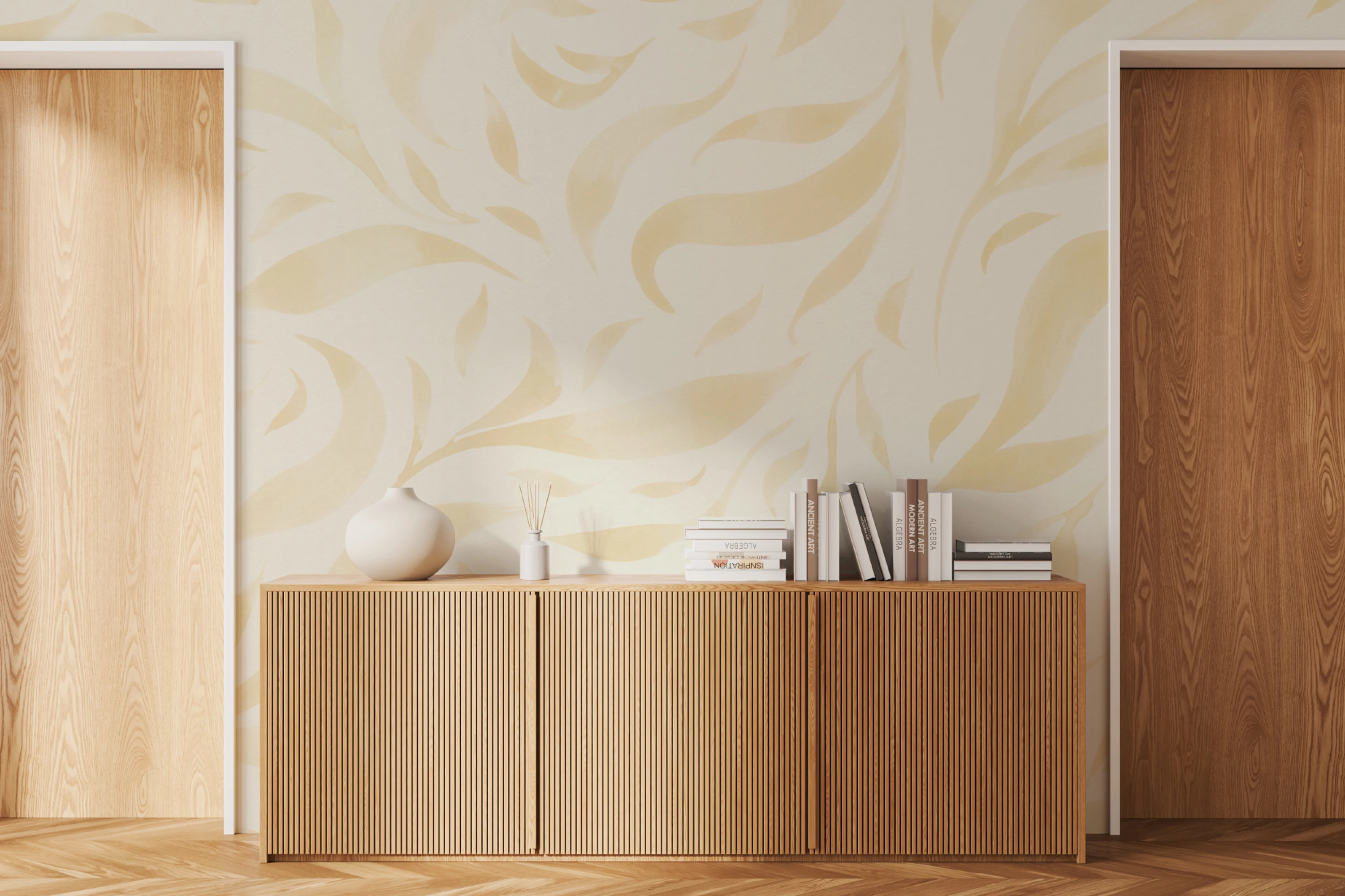 Neutral hallway with a pale yellow painted leaf mural and wooden sideboard.