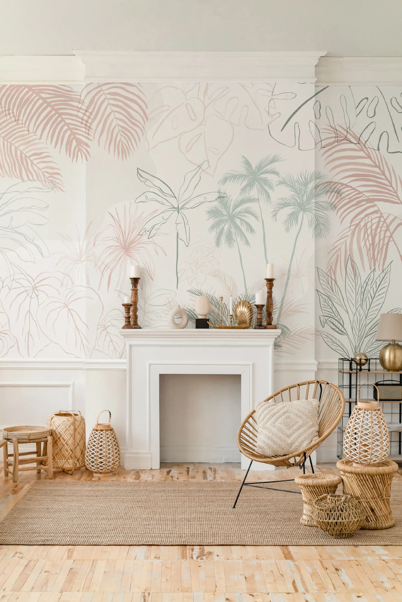 Living room with a tropical pastel mural featuring palm leaves and cane decor accents.
