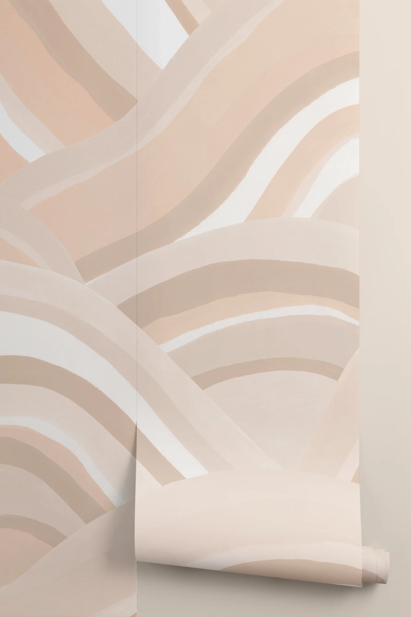 Warm neutral wallpaper roll with abstract curved stripe pattern in soft peach tones.