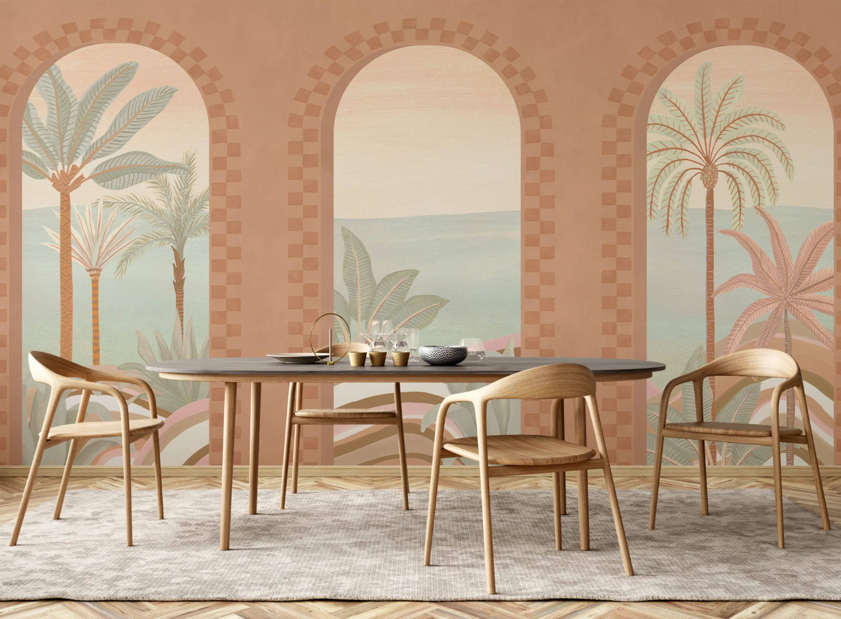 Dining room with terracotta-toned tropical mural featuring arched windows and palm trees.