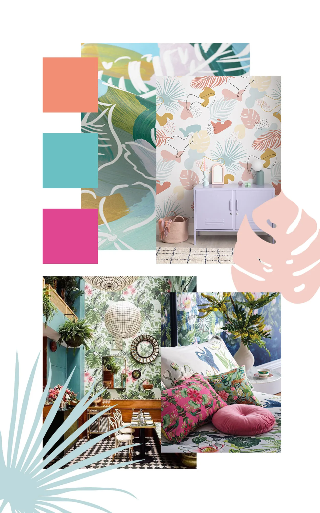 Tropical wallpaper mood board featuring colorful prints, color swatches, and styled interiors.