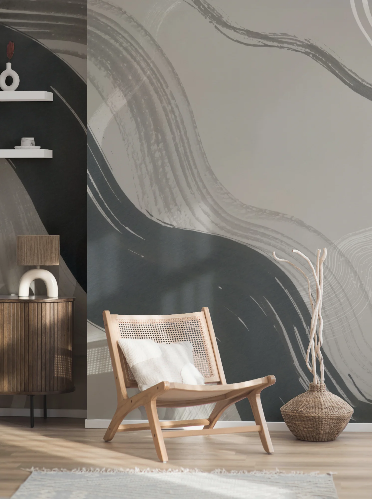 A minimal lounge chair sits in front of a large abstract wall mural with sweeping neutral brushstrokes