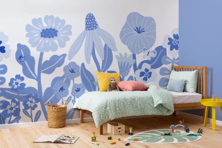 Blue Kids Retro Scandinavian Flowers Mural