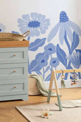 Blue Kids Retro Scandinavian Flowers Mural