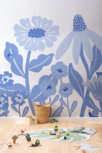 Blue Kids Retro Scandinavian Flowers Mural