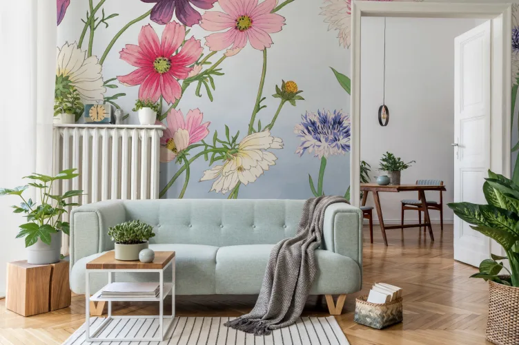 Cosmos Japanese Watercolor Floral Mural - Hovia
