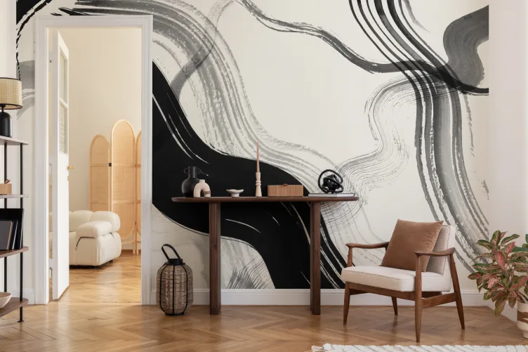Black Abstract Ink Brush Strokes Mural - Hovia
