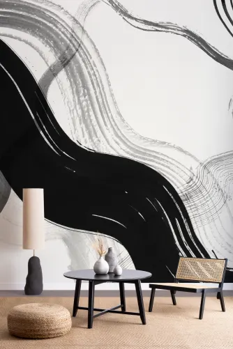 Black Abstract Ink Brush Strokes Mural - Hovia