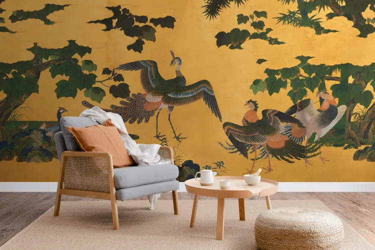 Yellow Illustrated Japanese Peacock Mural - Hovia