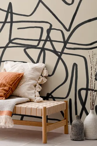 Black & Beige Abstract Doodle Wallpaper Mural - Hovia