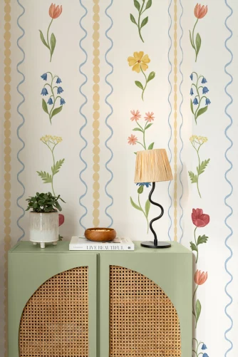 Wildflower Bobbin Yellow Floral Stripe Mural - Hovia