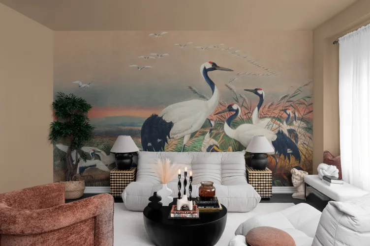Hand-Painted Cranes In Wetlands Wall Mural By Joseph Wolf - Hovia