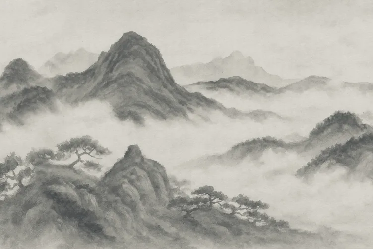 Charcoal Japanese Mountain Landscape Mural – Hovia - Hovia
