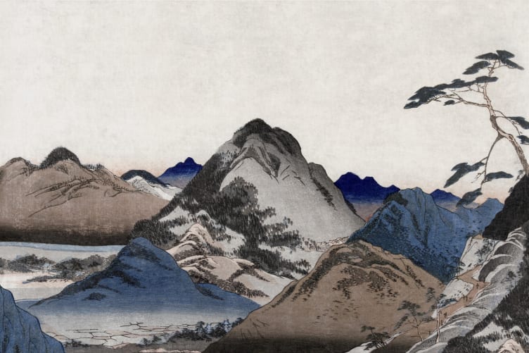 Beige And Blue Japanese Landscape Art Mural – Hovia - Hovia