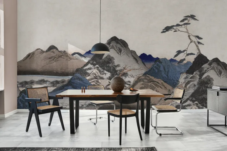 Beige And Blue Japanese Landscape Art Mural – Hovia - Hovia
