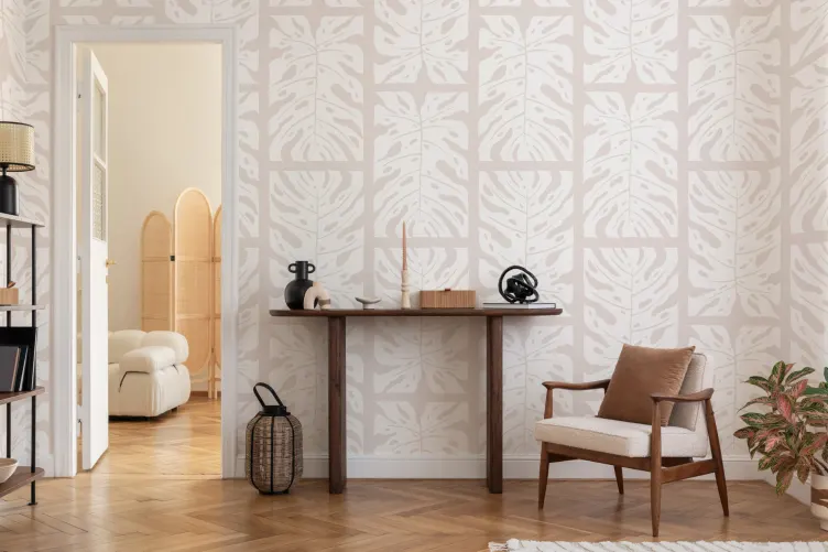 Beige Wiederholung Gekachelt Monstera Blatt Tapete Wandbild - Hovia