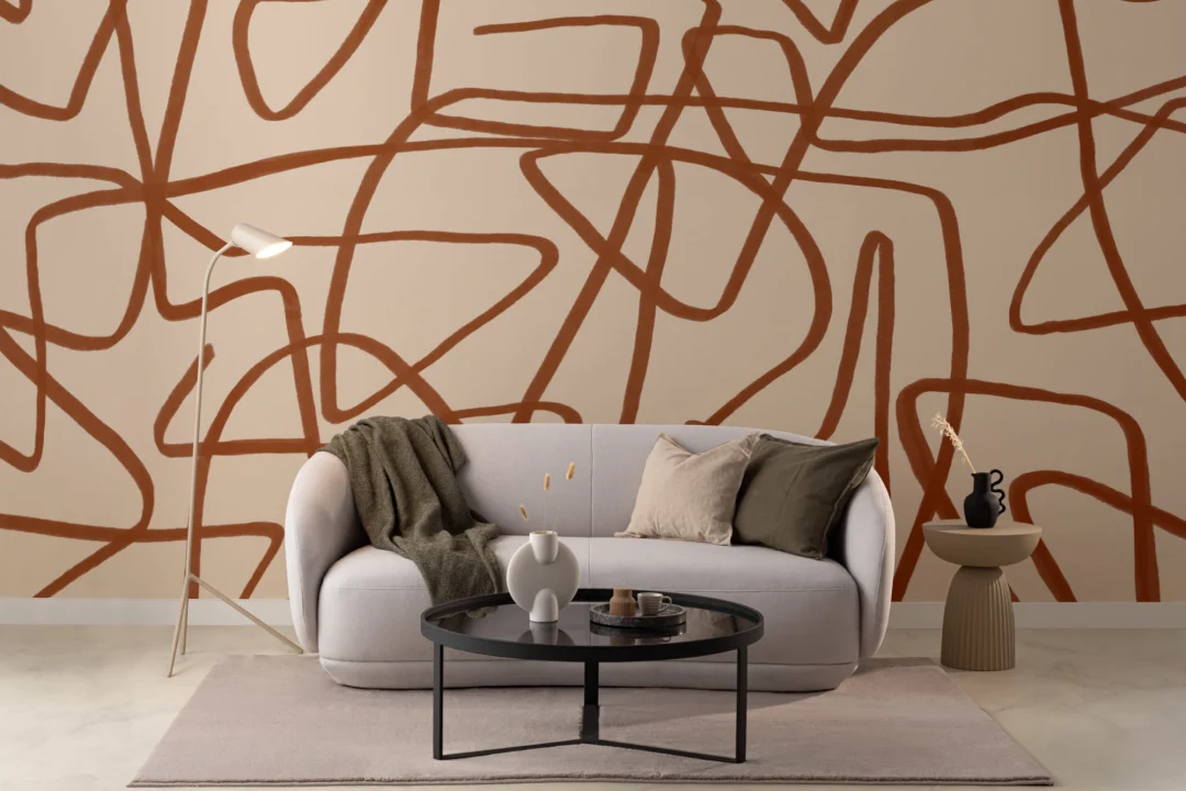 Bold Terracotta & Beige Doodle Abstract Wallpaper Mural