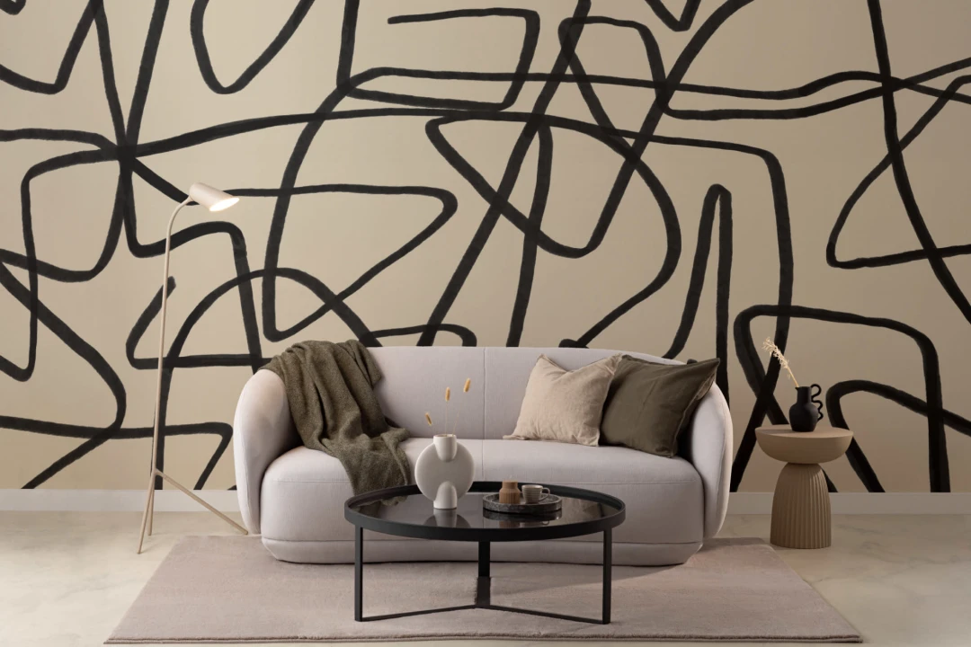 Bold Black & Beige Doodle Abstract Wallpaper Mural