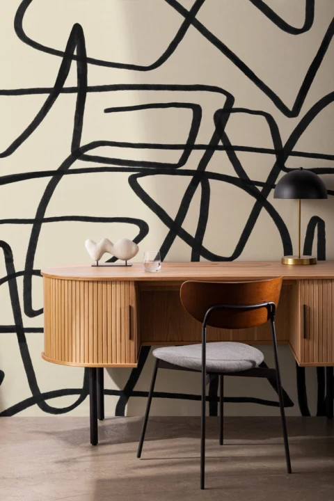 Mural de Papel de Parede Abstrato Bold Black & Beige Doodle