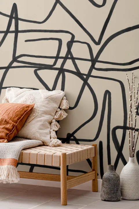 Mural Papel Pintado Líneas Espesas de Garabatos Negro y Beige