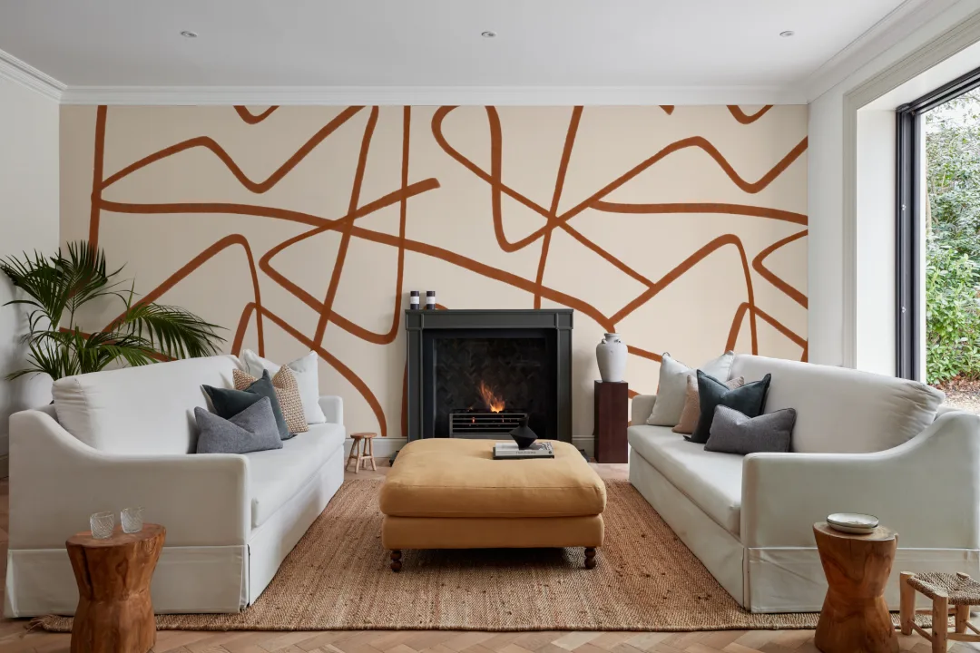 Terracotta & Beige Wavy Line Abstract Wallpaper Mural