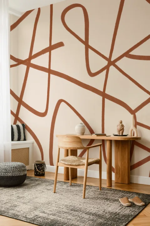 Carta da Parati Beige con Grandi Scarabocchi Astratti Terracotta