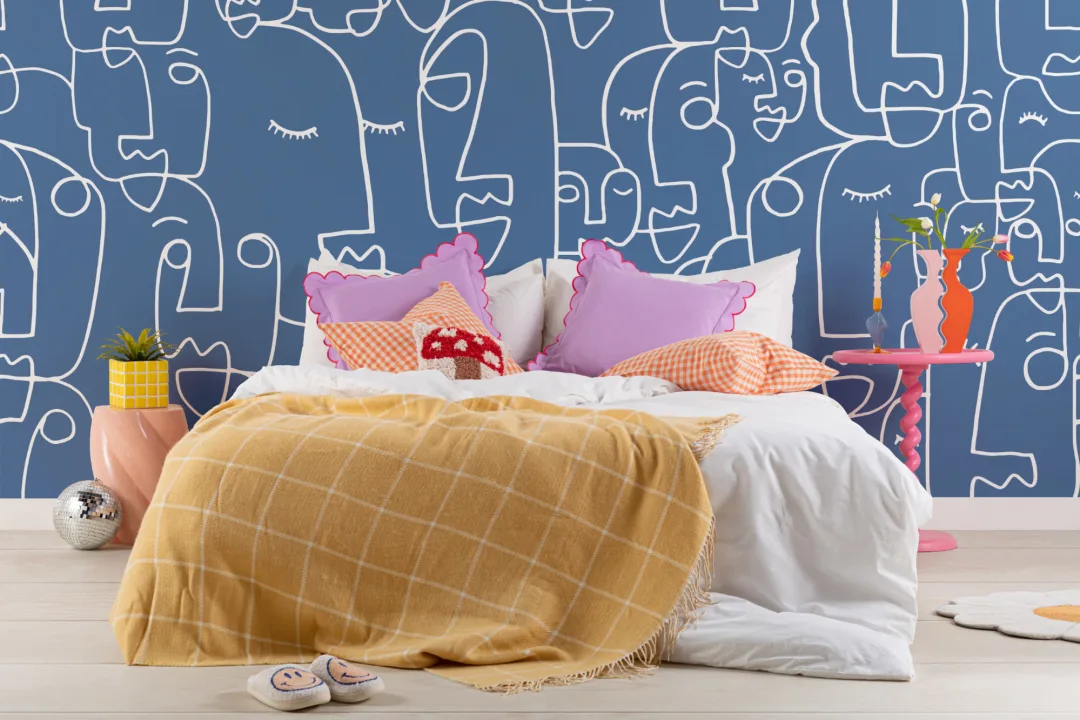 Large Blue Face Line Drawing Wallpaper Mural